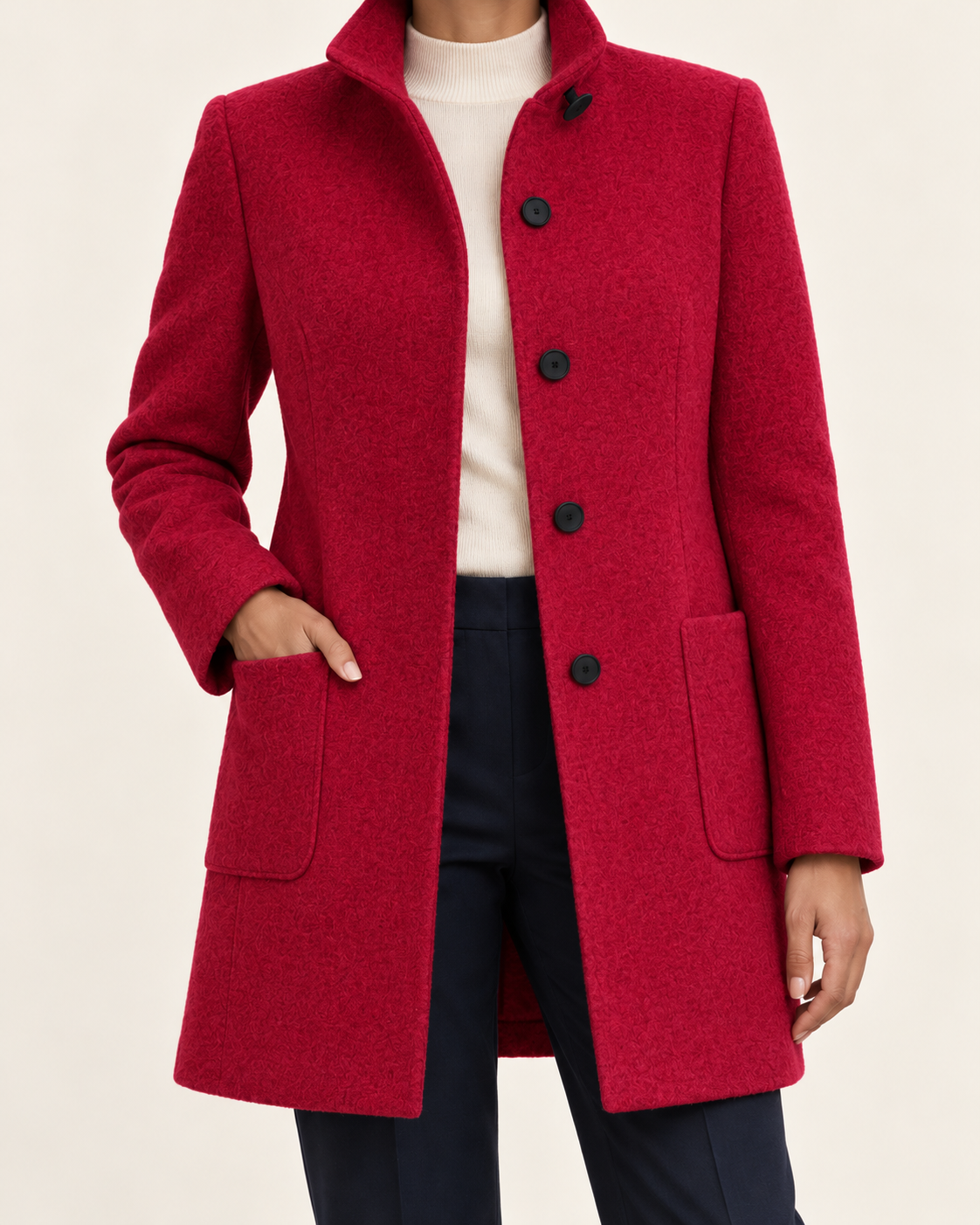 Women's Textured Stand Collar Coat With Pockets in Red