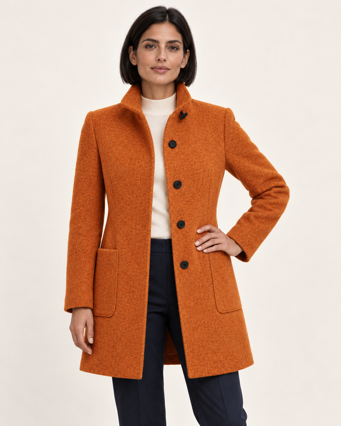 Women's Textured Stand Collar Coat With Pockets in Orange
