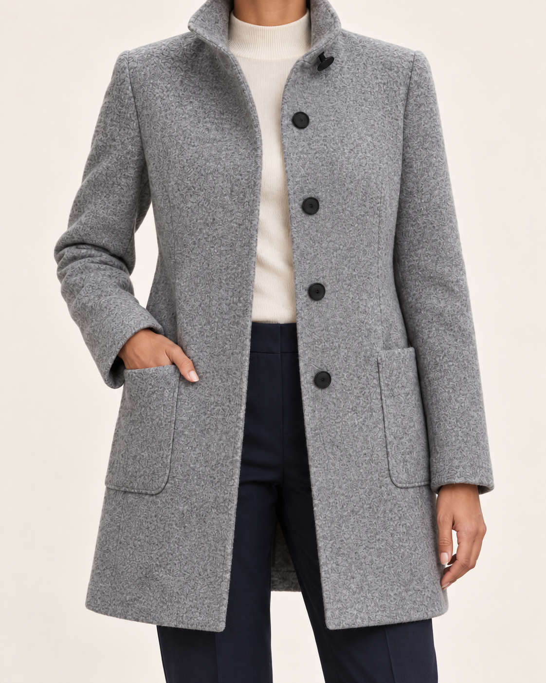 Women's Textured Stand Collar Coat With Pockets in Light Grey