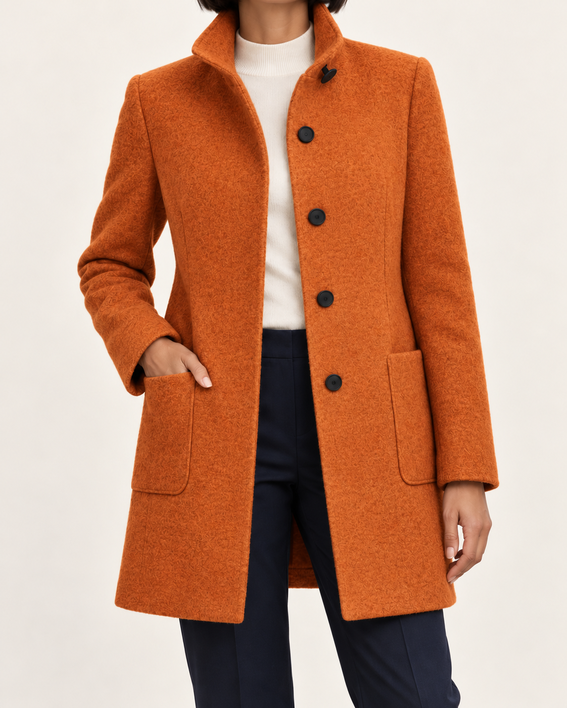 Women's Textured Stand Collar Coat With Pockets in Orange