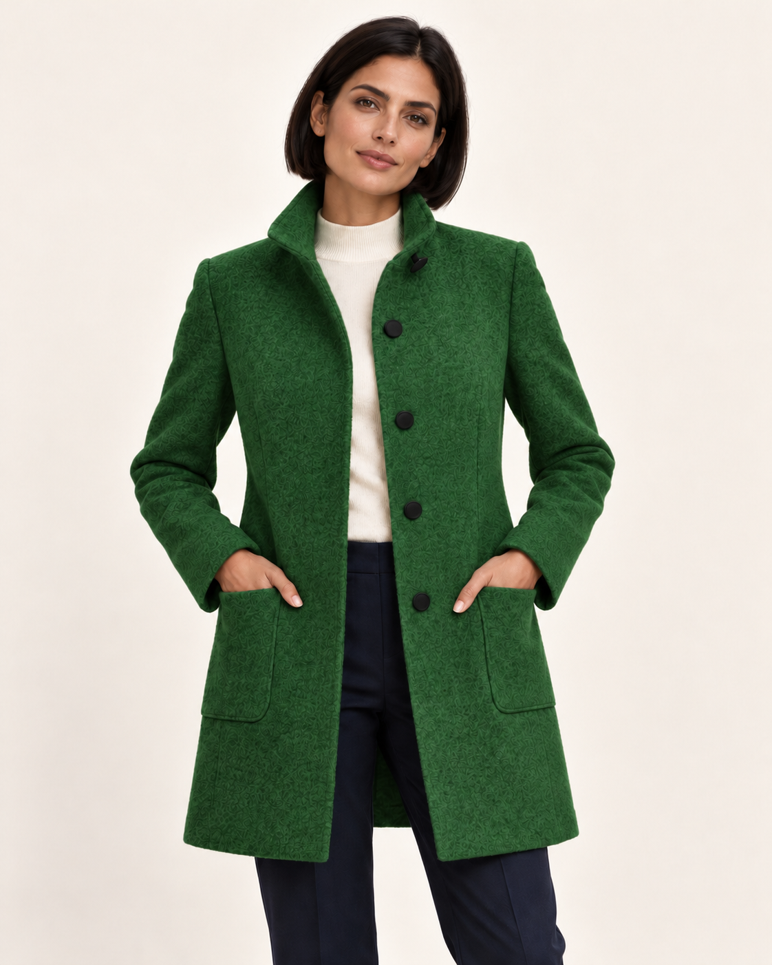 Women's Textured Stand Collar Coat With Pockets in Green
