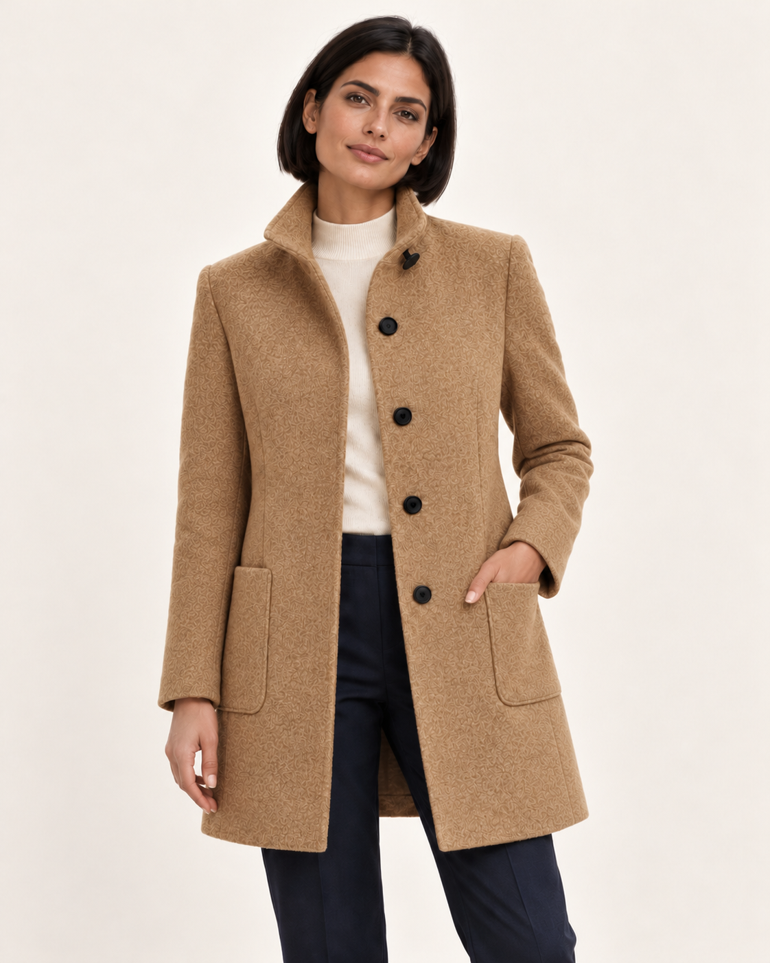 Women's Textured Stand Collar Coat With Pockets in Camel