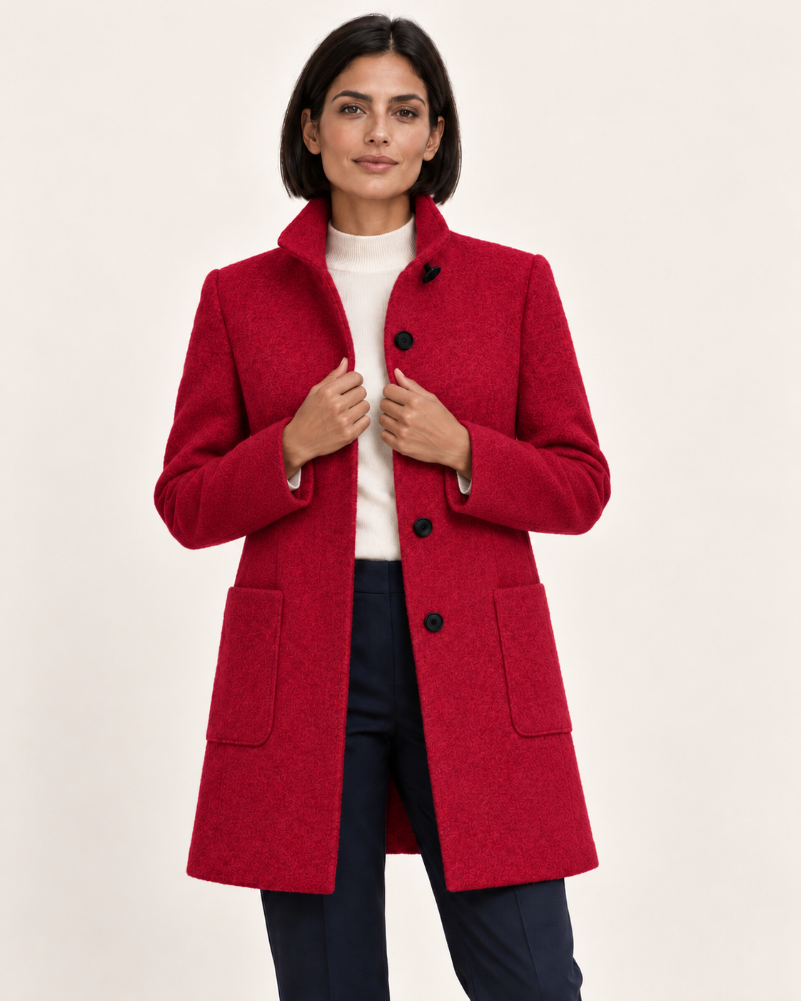 Women's Textured Stand Collar Coat With Pockets in Red