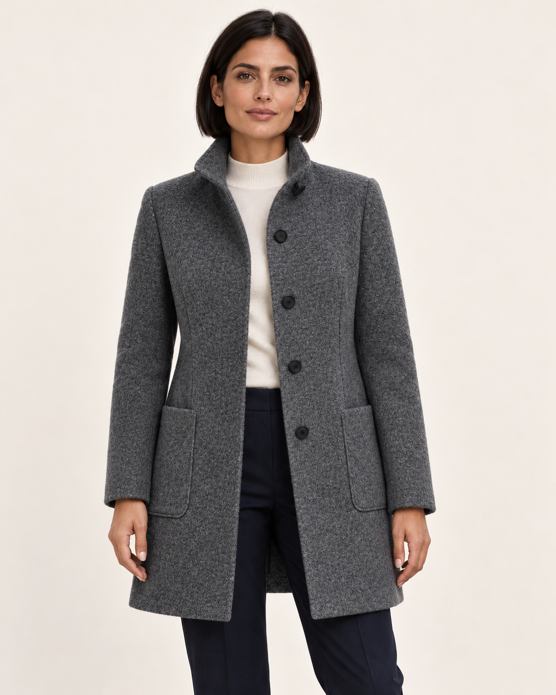Women's Textured Stand Collar Coat With Pockets in Dark Grey