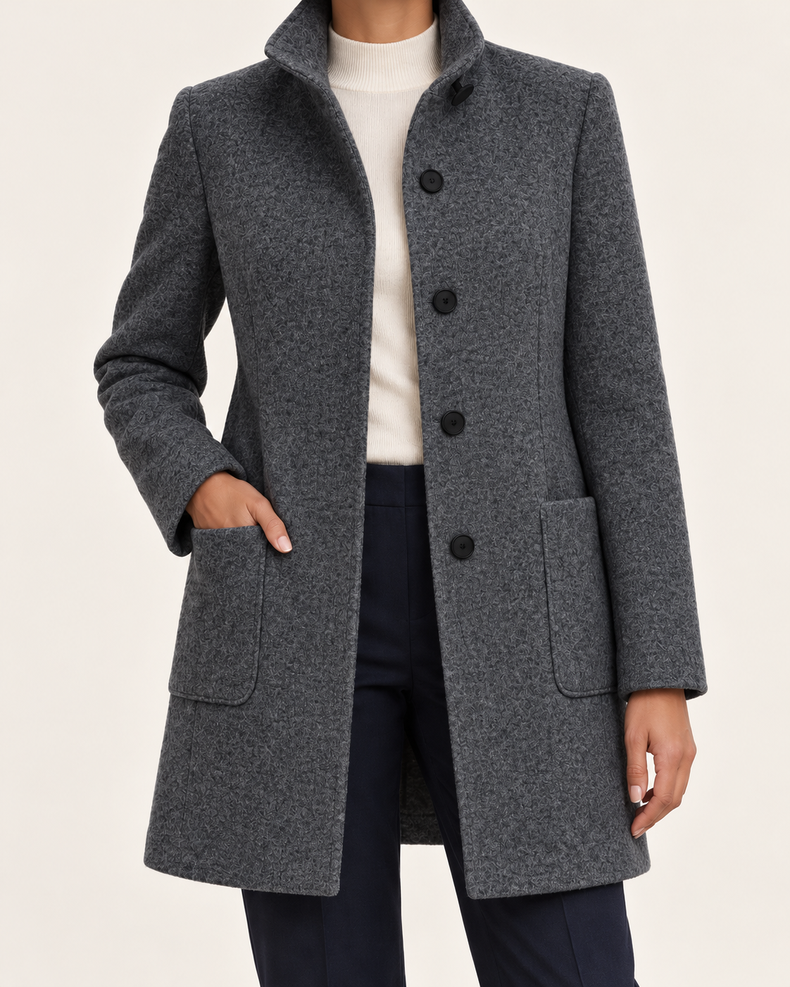 Women's Textured Stand Collar Coat With Pockets in Dark Grey