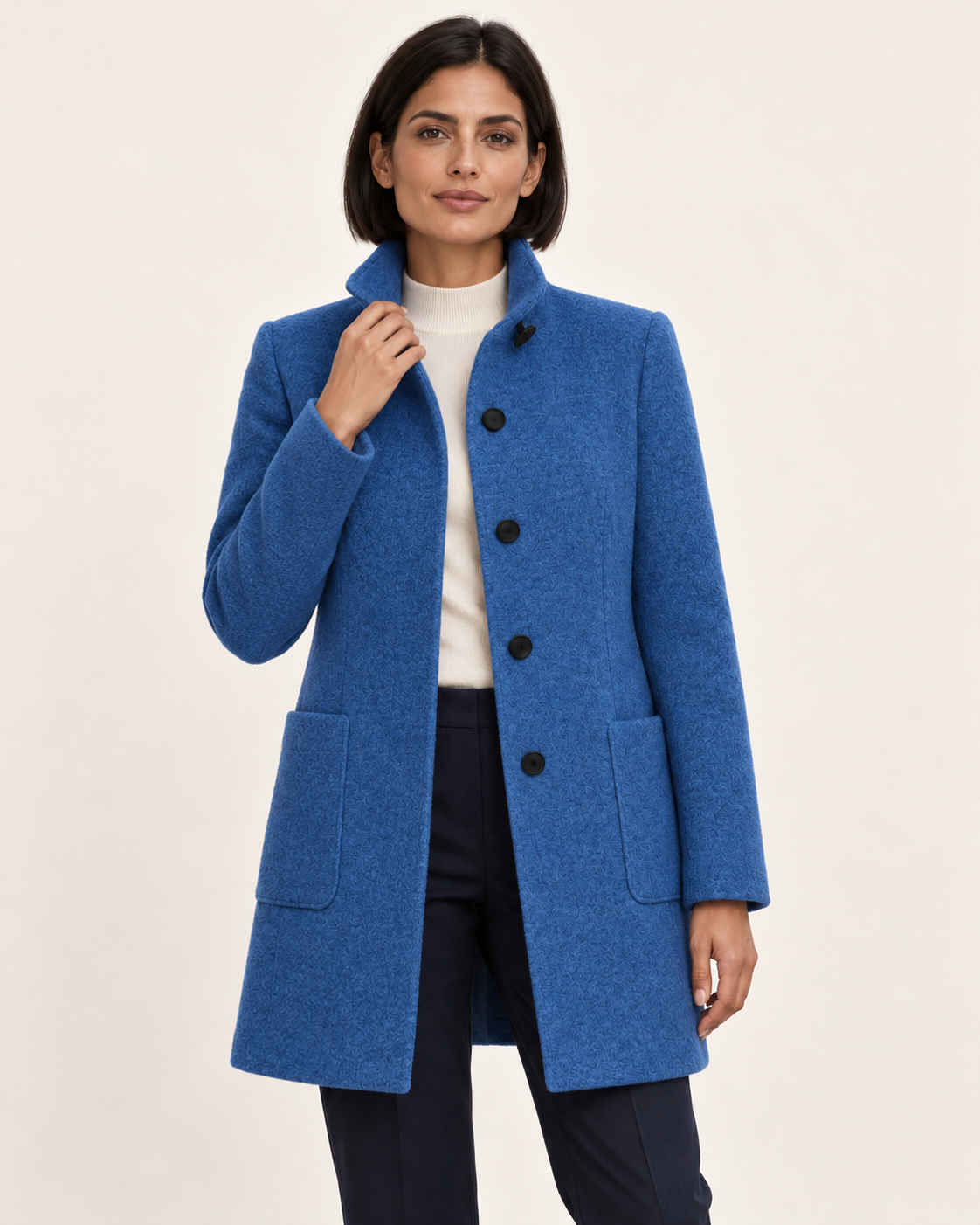 Women's Textured Stand Collar Coat With Pockets in Blue