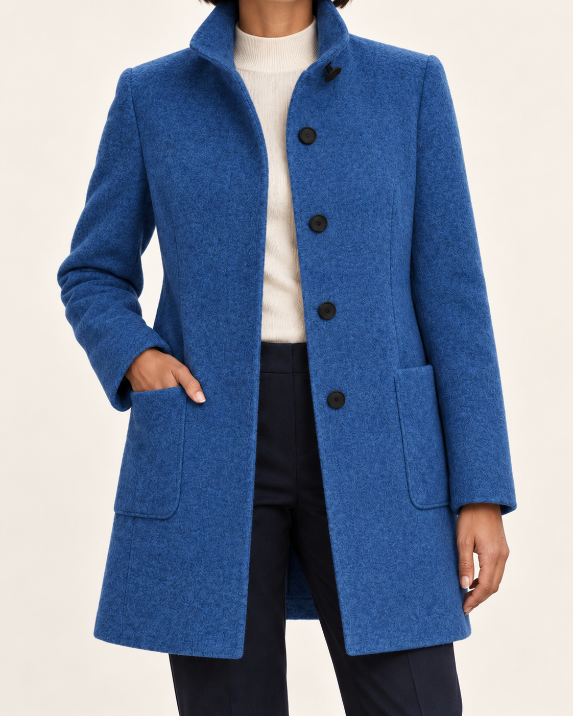 Women's Textured Stand Collar Coat With Pockets in Blue