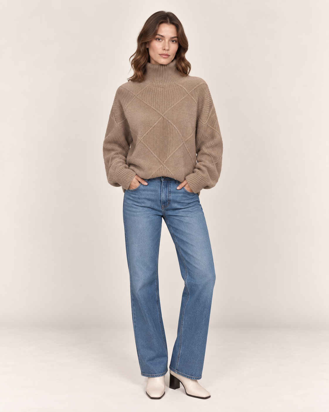 Women's Diamond Texture Turtleneck Jumper with Drop Shoulders in Taupe, full length