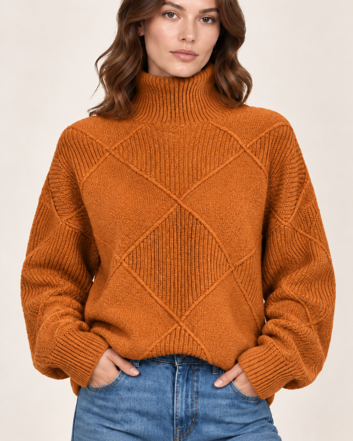 Women's Diamond Texture Turtleneck Jumper with Drop Shoulders in Orange