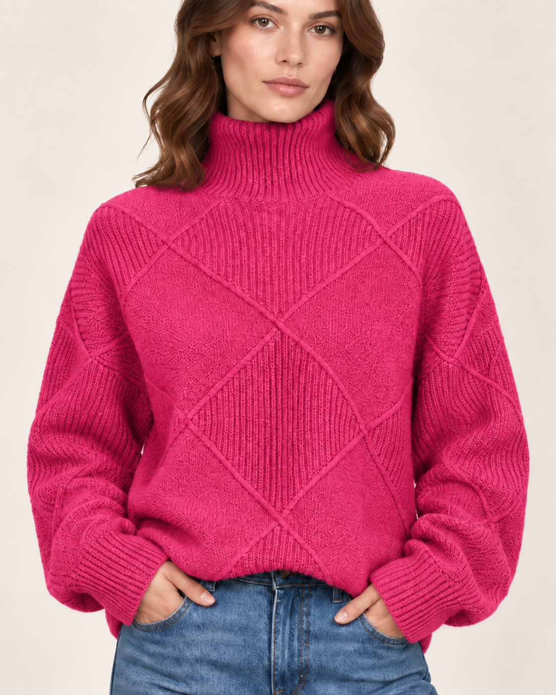 Women's Diamond Texture Turtleneck Jumper with Drop Shoulders in Hot Pink