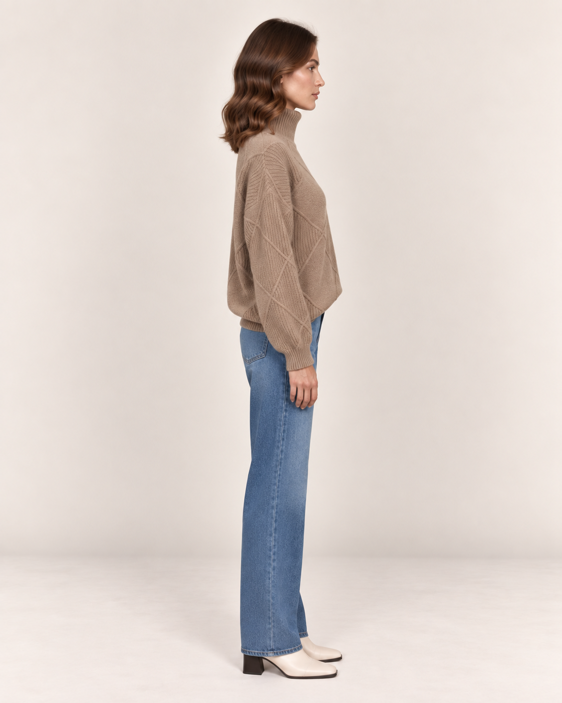 Women's Diamond Texture Turtleneck Jumper with Drop Shoulders in Taupe, side view