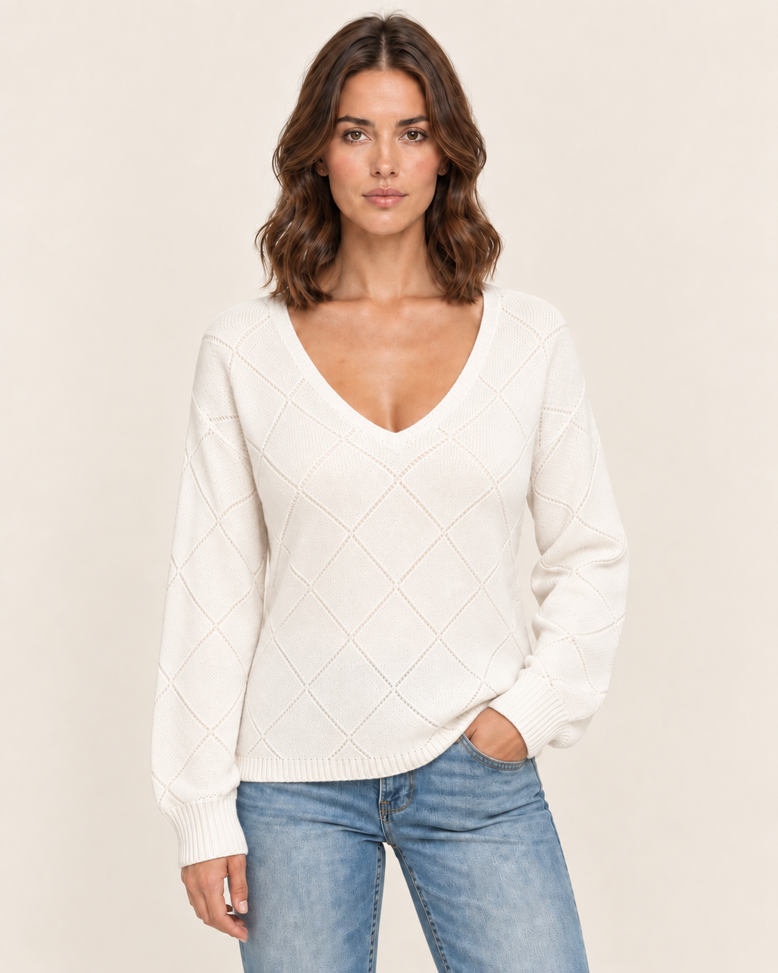 Women's Diamond Knit V Neck Jumper with Drop Shoulders in White
