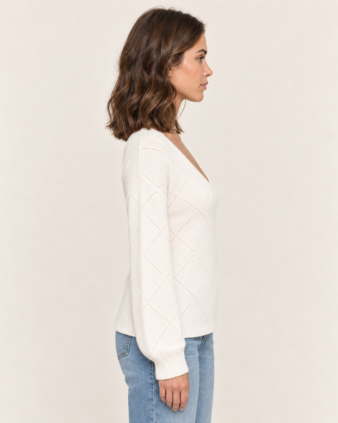 Women's Diamond Knit V Neck Jumper with Drop Shoulders in White, side view