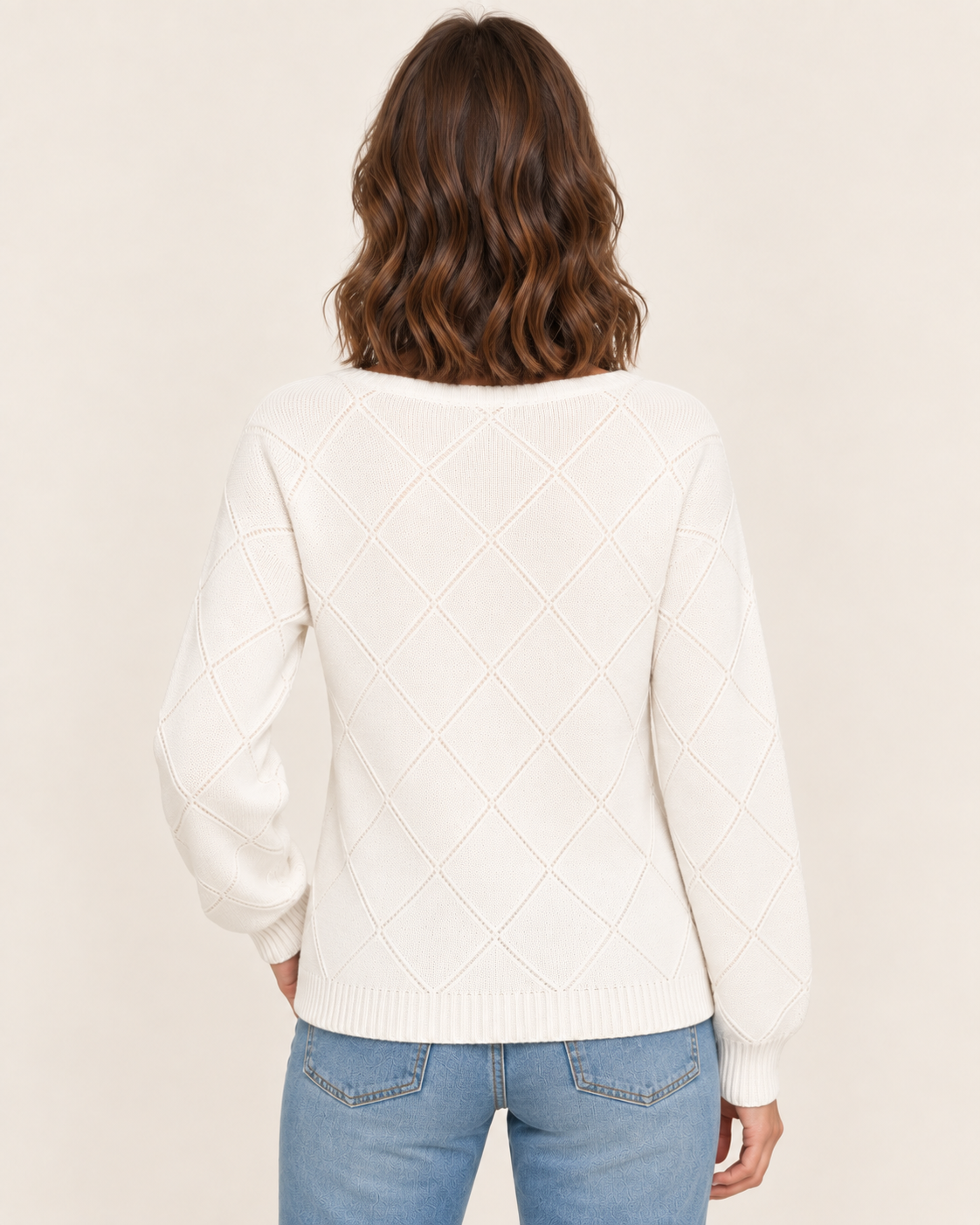 Women's Diamond Knit V Neck Jumper with Drop Shoulders in White, back view