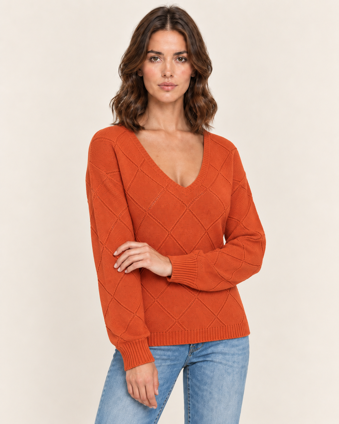 Women's Diamond Knit V Neck Jumper with Drop Shoulders in Orange-Red
