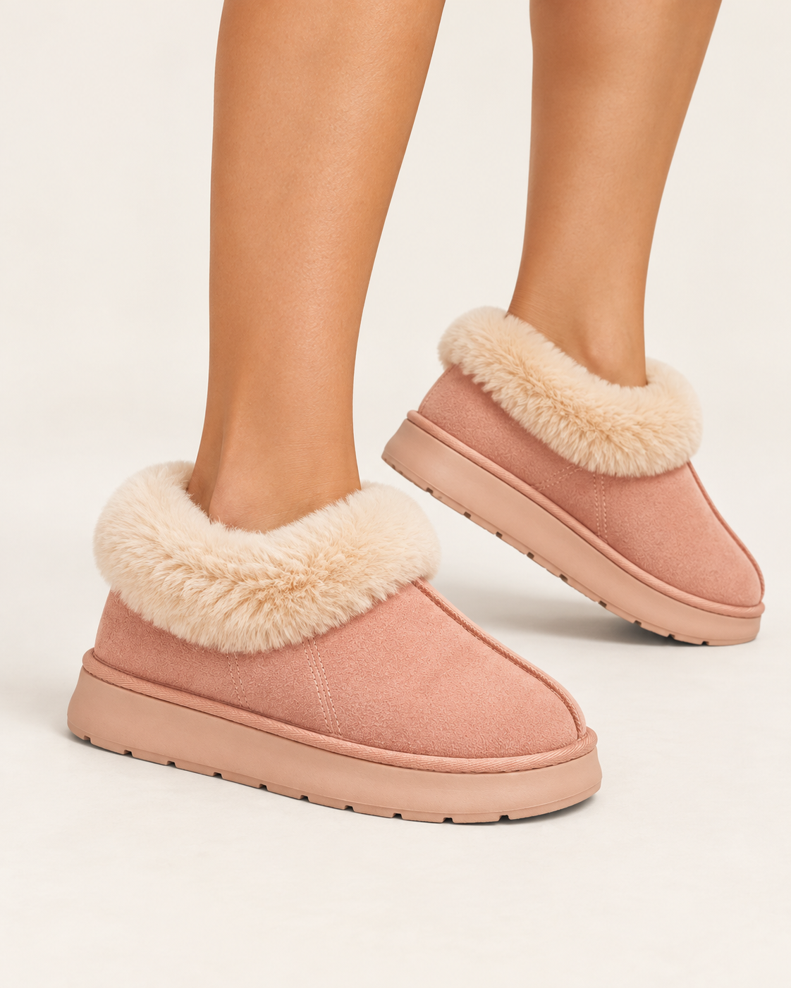 Women's Platform Slipper Boots with Faux Fur Cuff and Chunky Sole