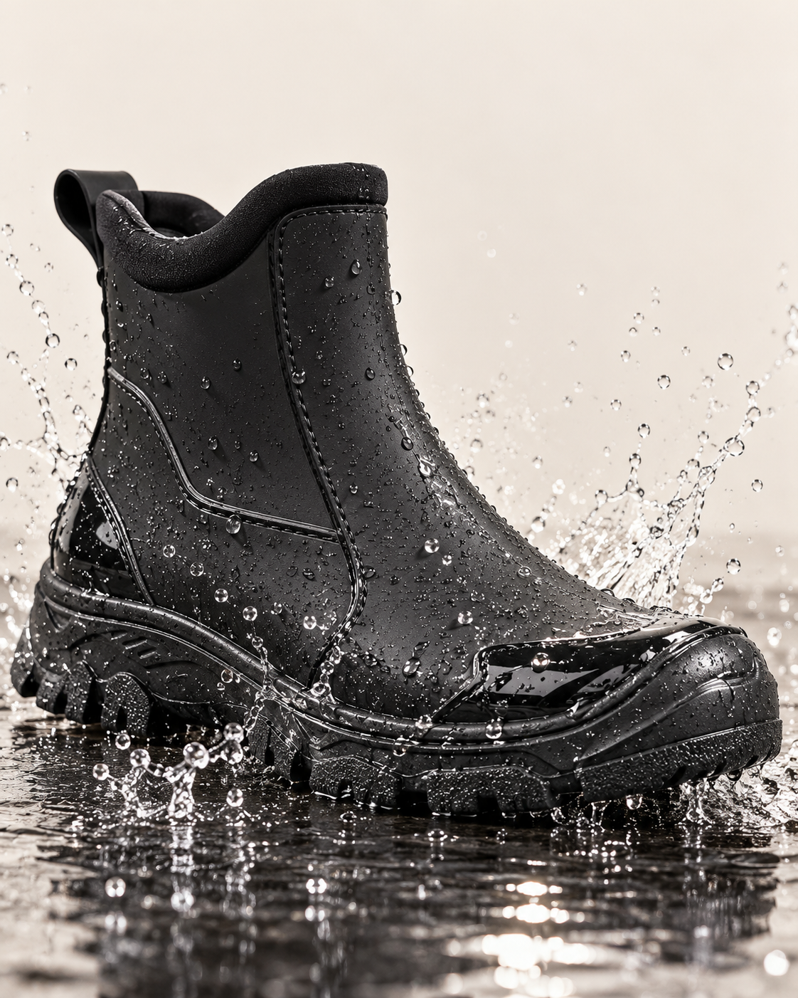 Women's Ankle Rain Boots with Pull Tab and Chunky Lug Sole in Black, three quarter view