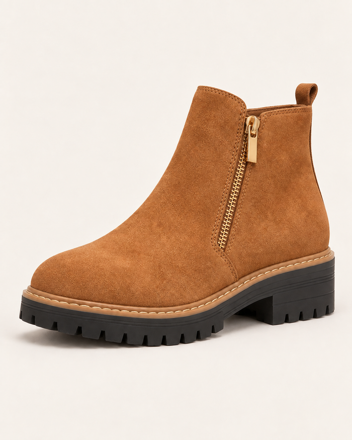 Women's Waterproof Block Heel Ankle Boots with Side Zip in Cognac Brown
