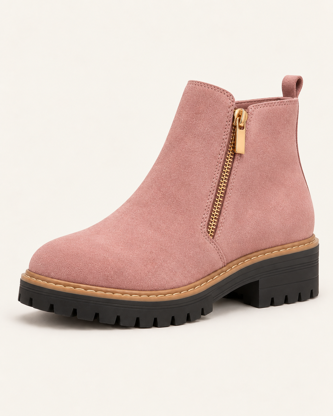 Women's Waterproof Block Heel Ankle Boots with Side Zip in Pink