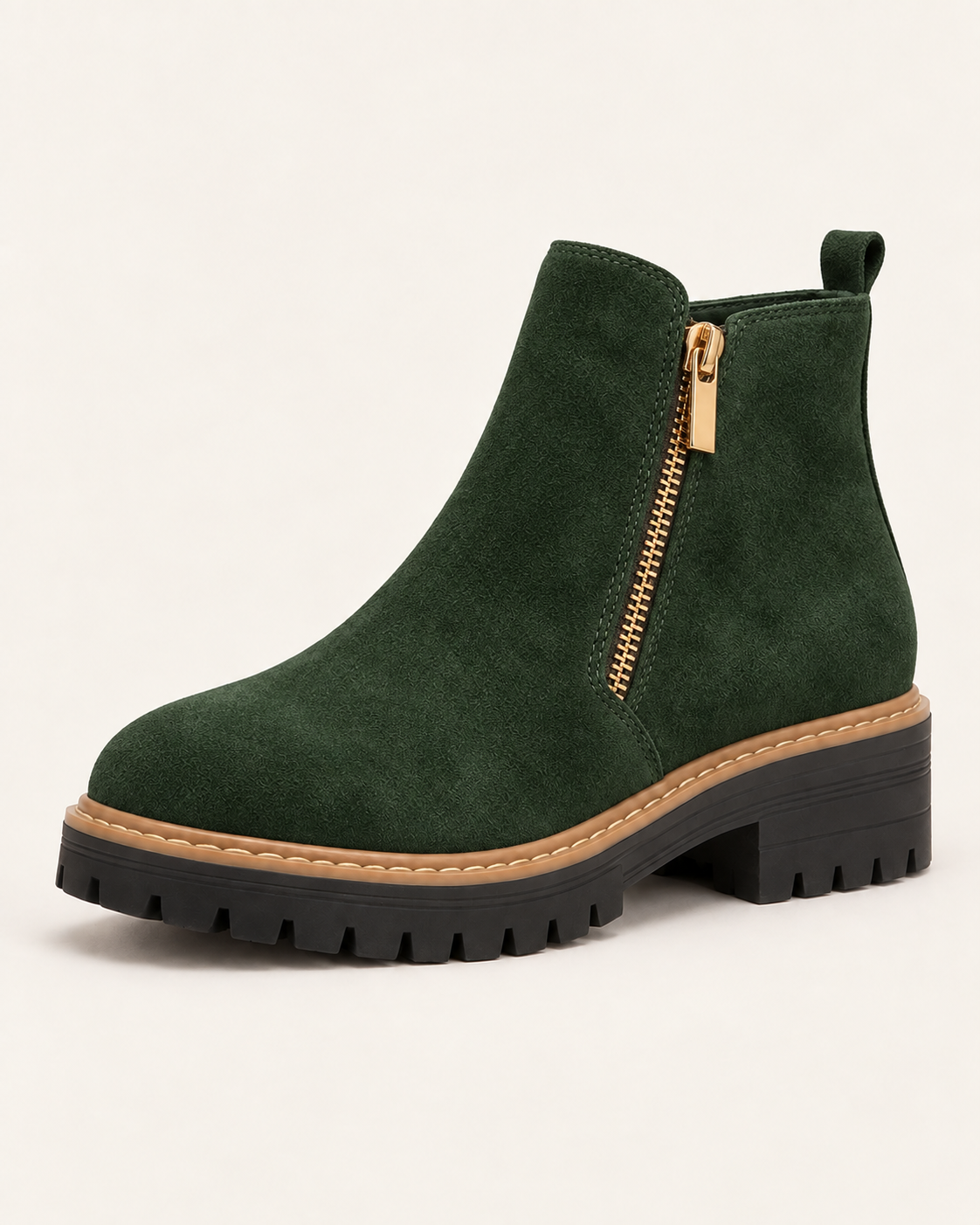 Women's Waterproof Block Heel Ankle Boots with Side Zip in Green