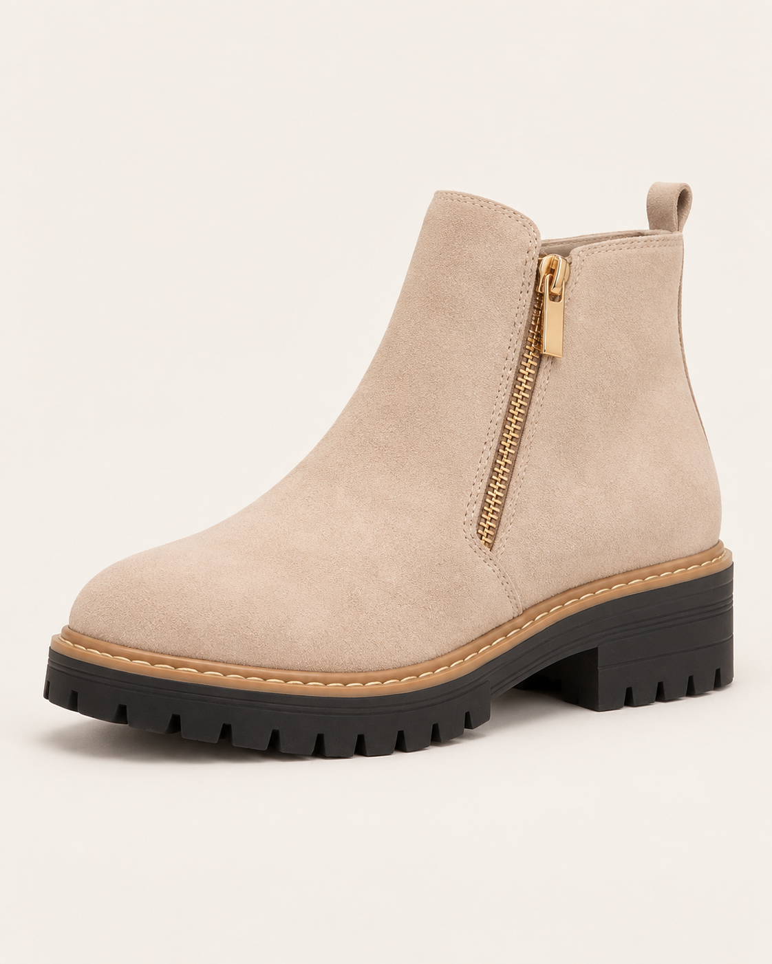 Women's Waterproof Block Heel Ankle Boots with Side Zip in Beige