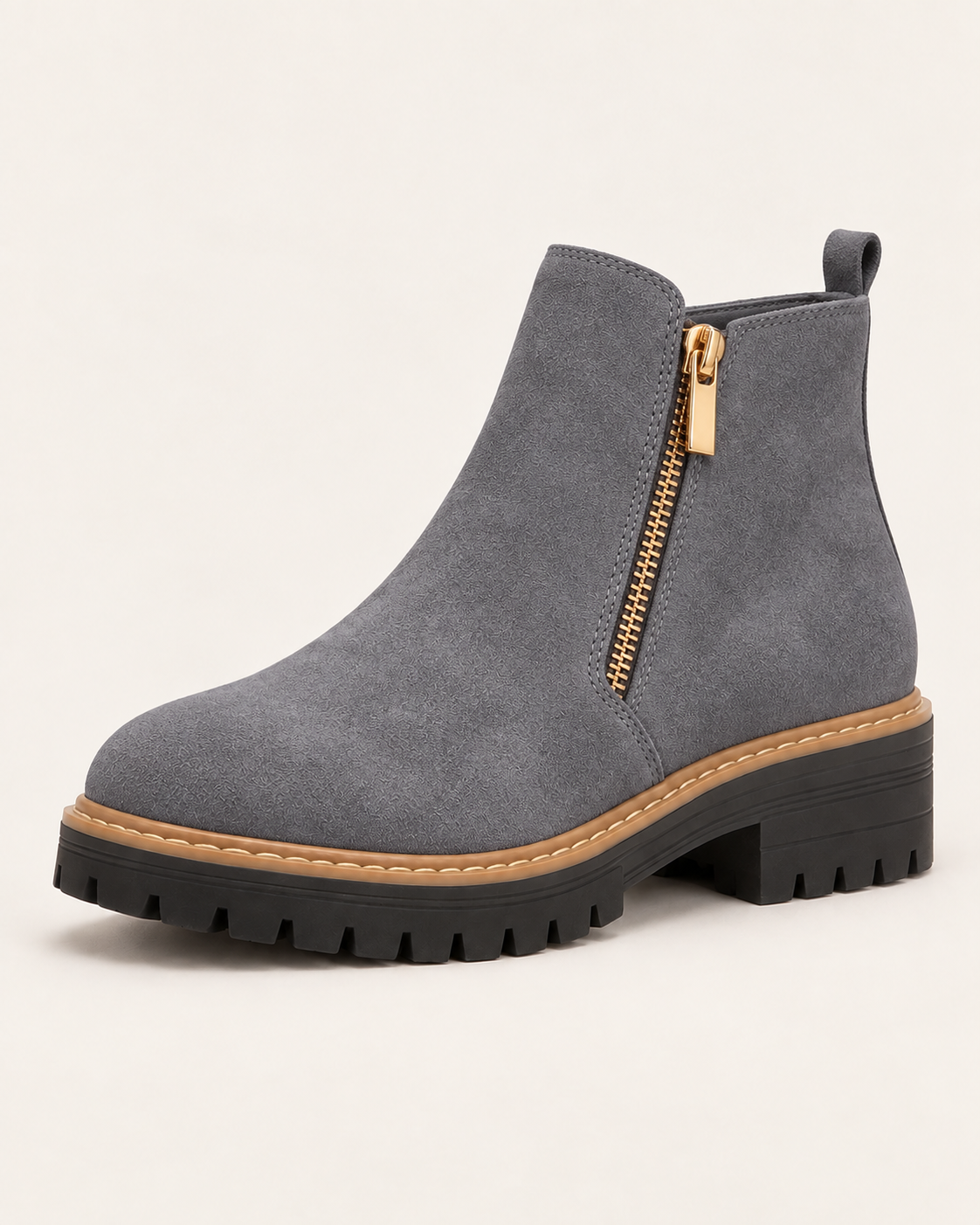 Women's Waterproof Block Heel Ankle Boots with Side Zip in Grey
