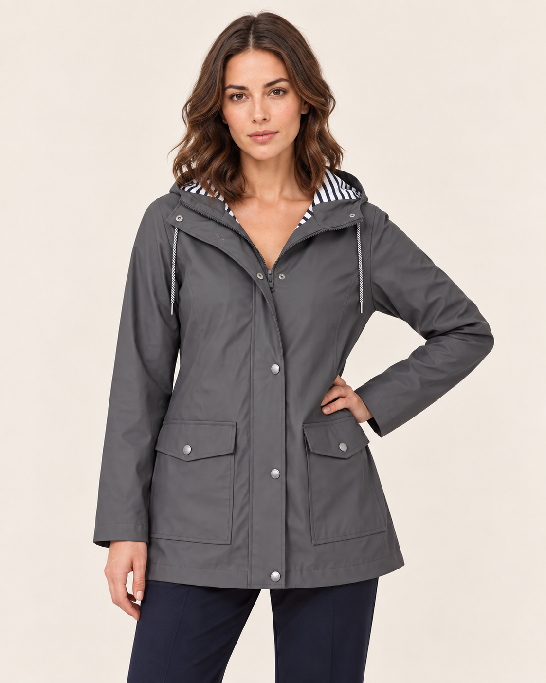 Women's Waterproof Rain Jacket with Striped Hood Lining in Grey