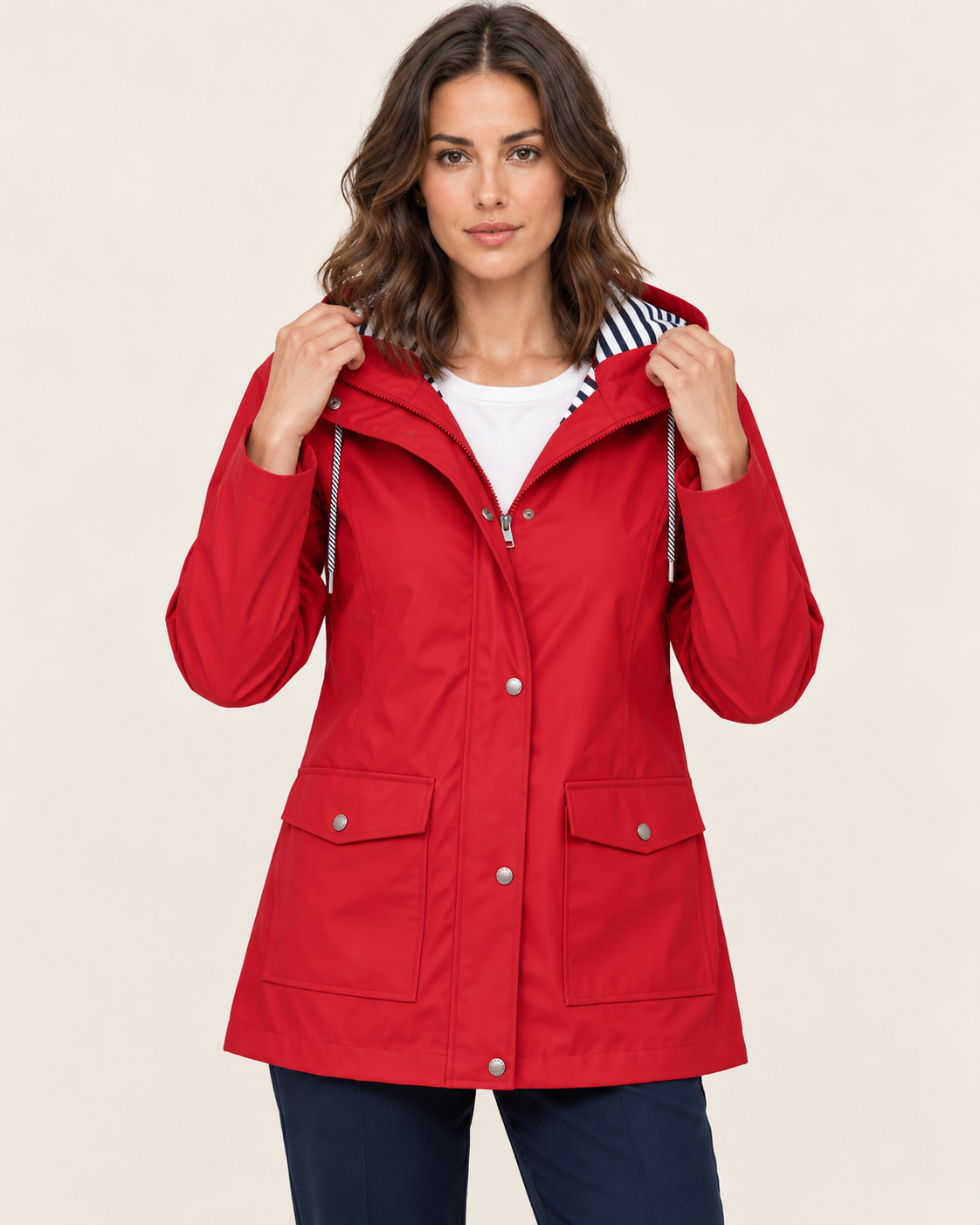 Women's Waterproof Rain Jacket with Striped Hood Lining in Red