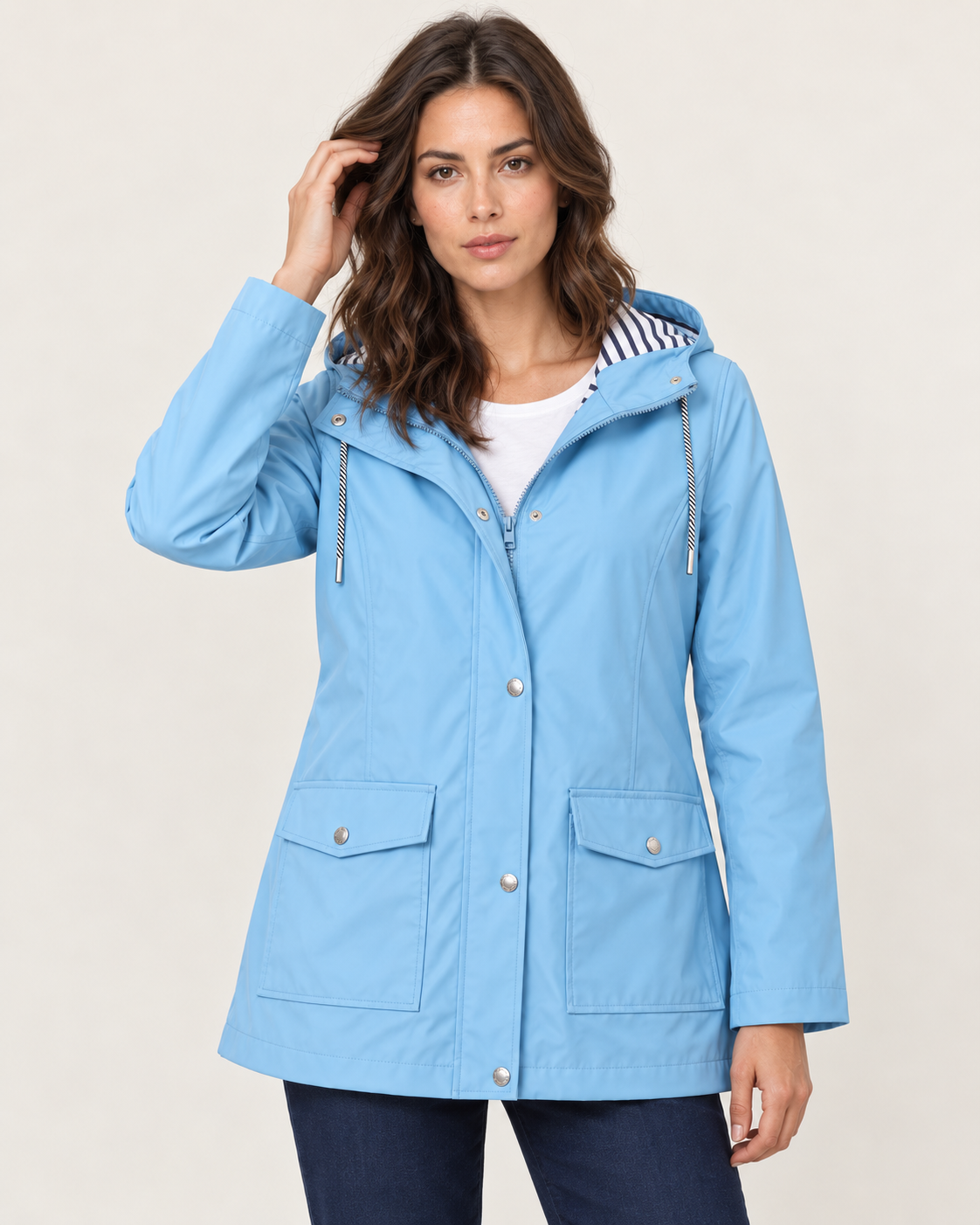 Women's Waterproof Rain Jacket with Striped Hood Lining in Light Blue