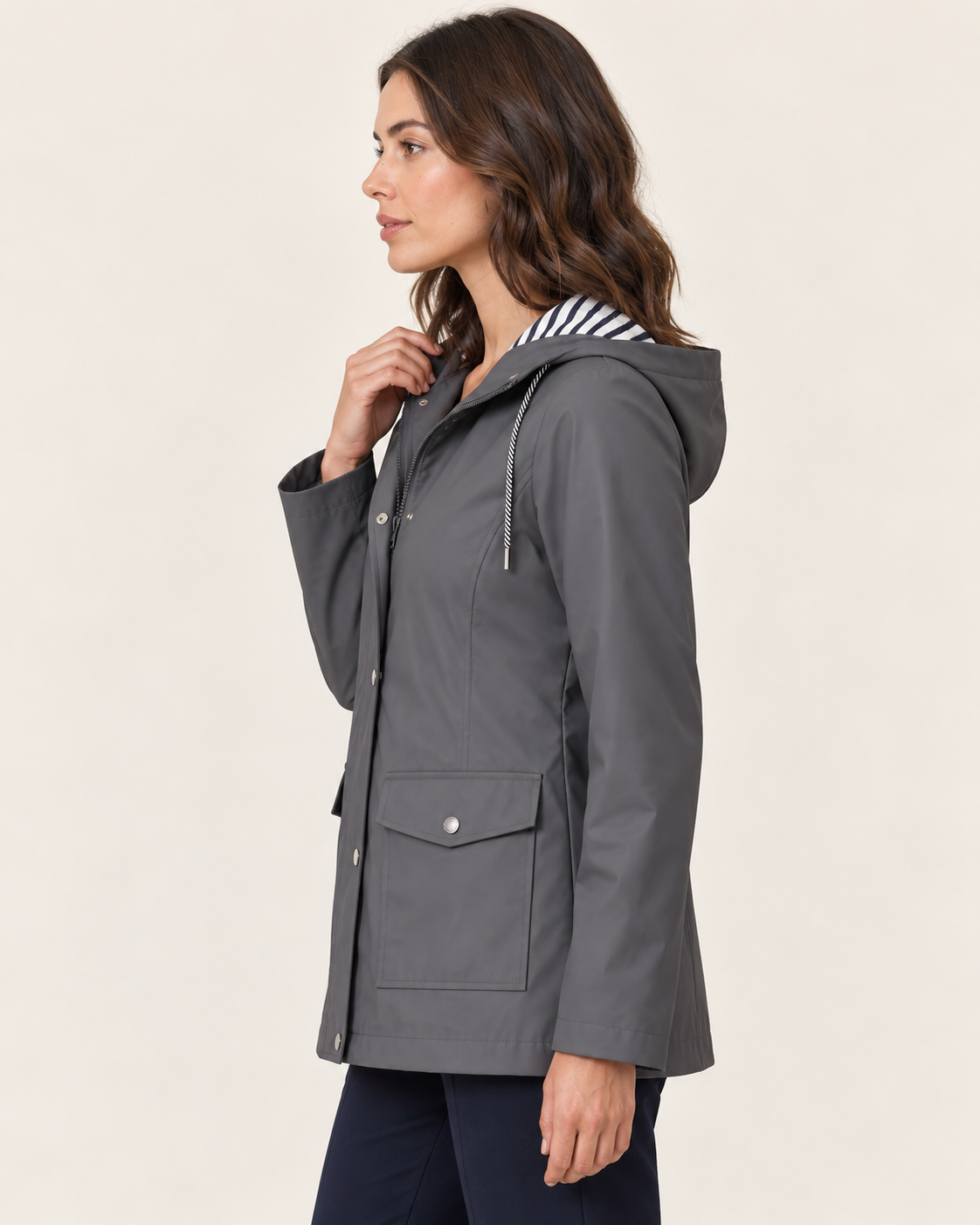 Women's Waterproof Rain Jacket with Striped Hood Lining