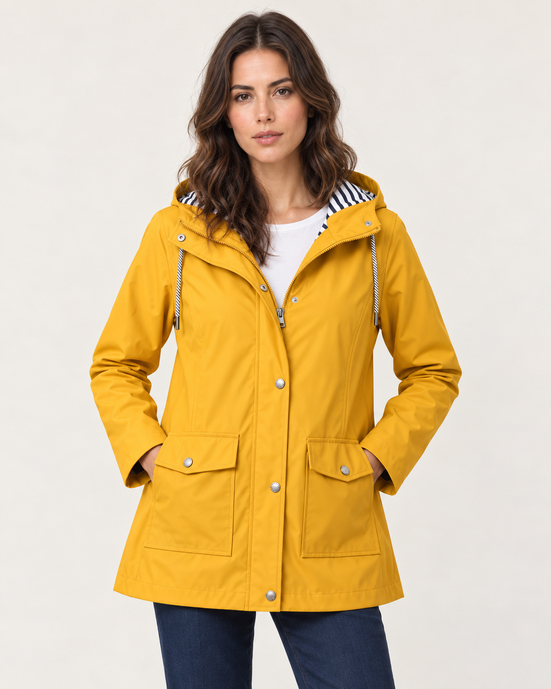 Women's Waterproof Rain Jacket with Striped Hood Lining in Yellow