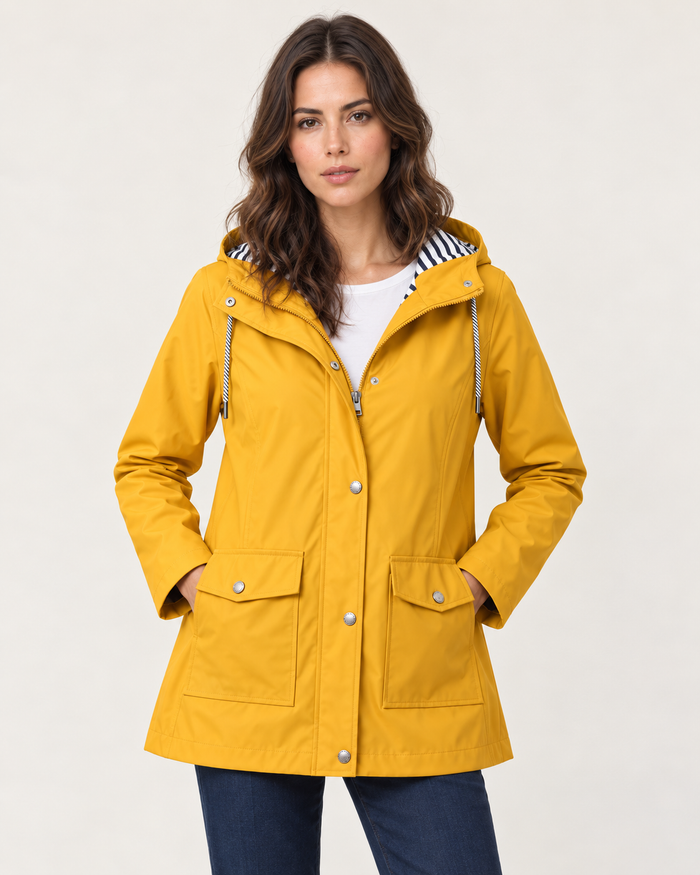 Women's Waterproof Rain Jacket with Striped Hood Lining in Yellow