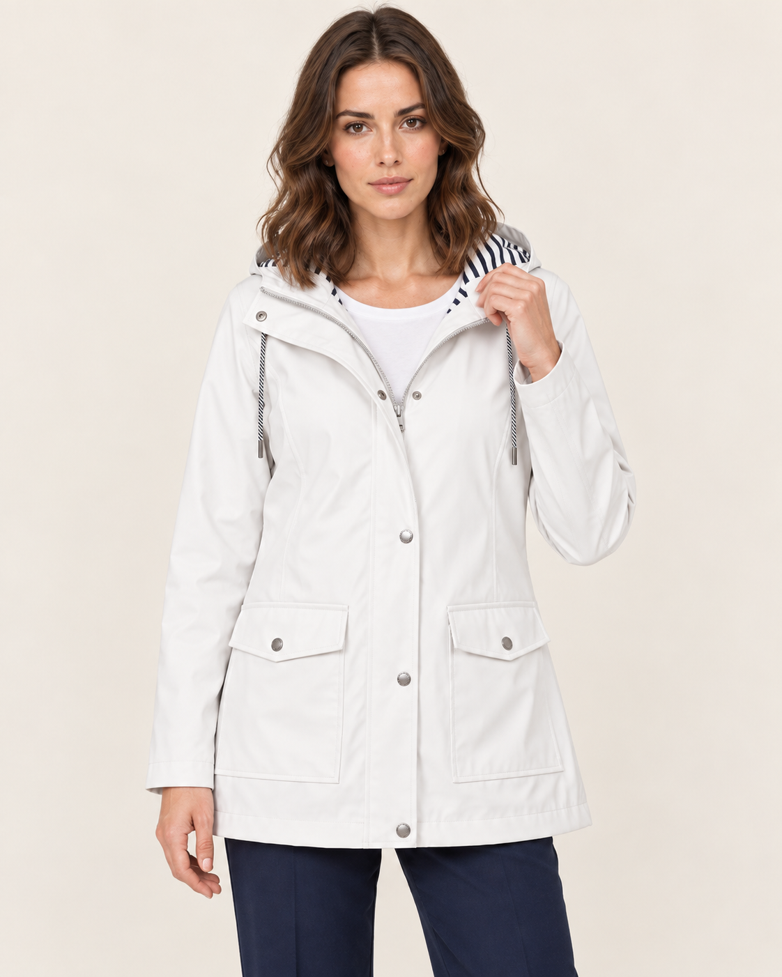 Women's Waterproof Rain Jacket with Striped Hood Lining in White