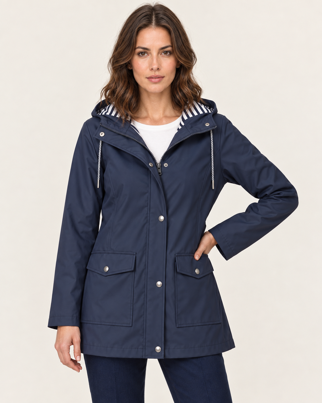 Women's Waterproof Rain Jacket with Striped Hood Lining in Navy