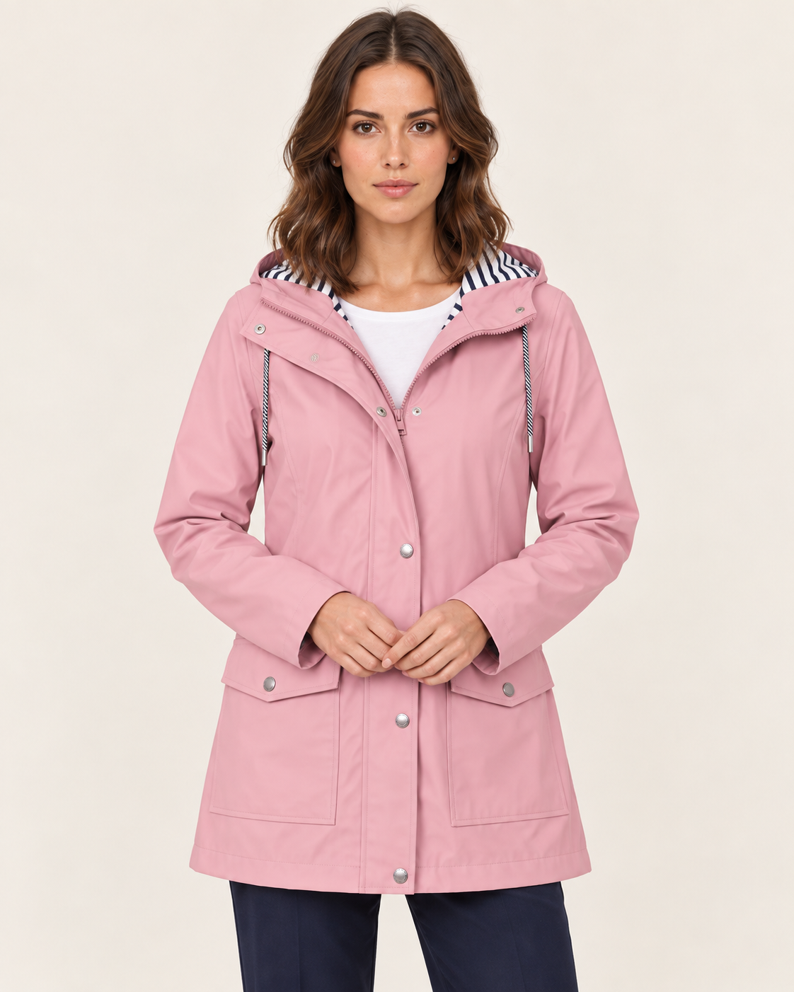 Women's Waterproof Rain Jacket with Striped Hood Lining in Pink