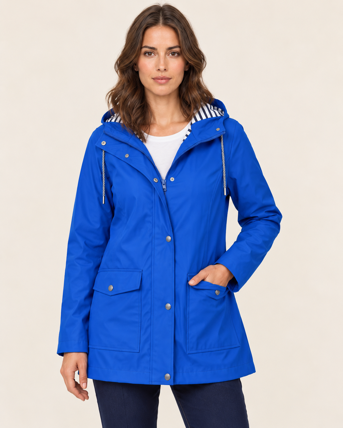 Women's Waterproof Rain Jacket with Striped Hood Lining in Blue