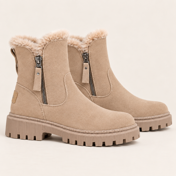 Women's Faux Fur Lined Winter Ankle Boots with Chunky Sole in Beige