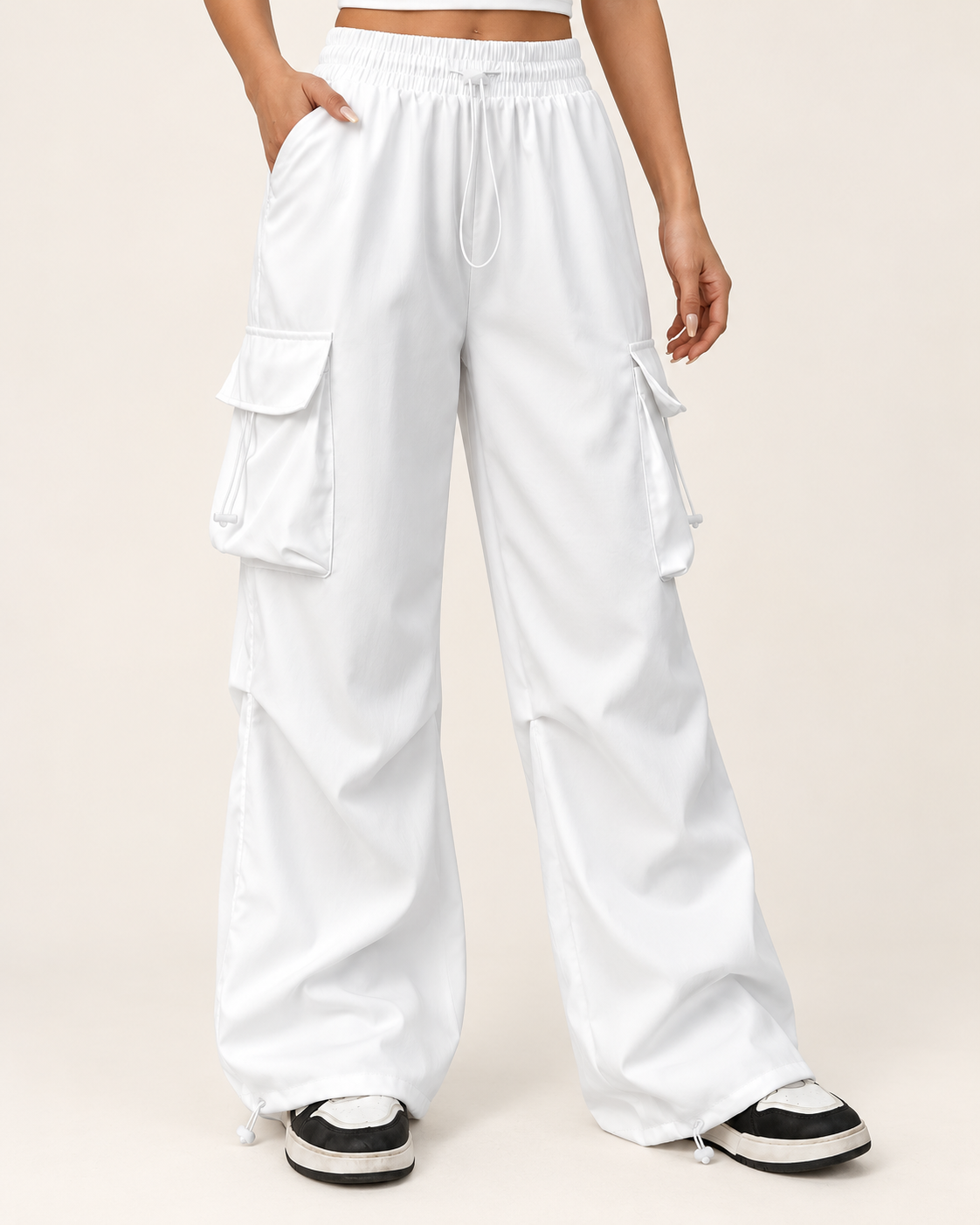 Women's White Parachute Trousers with Wide Leg and Cargo Pockets