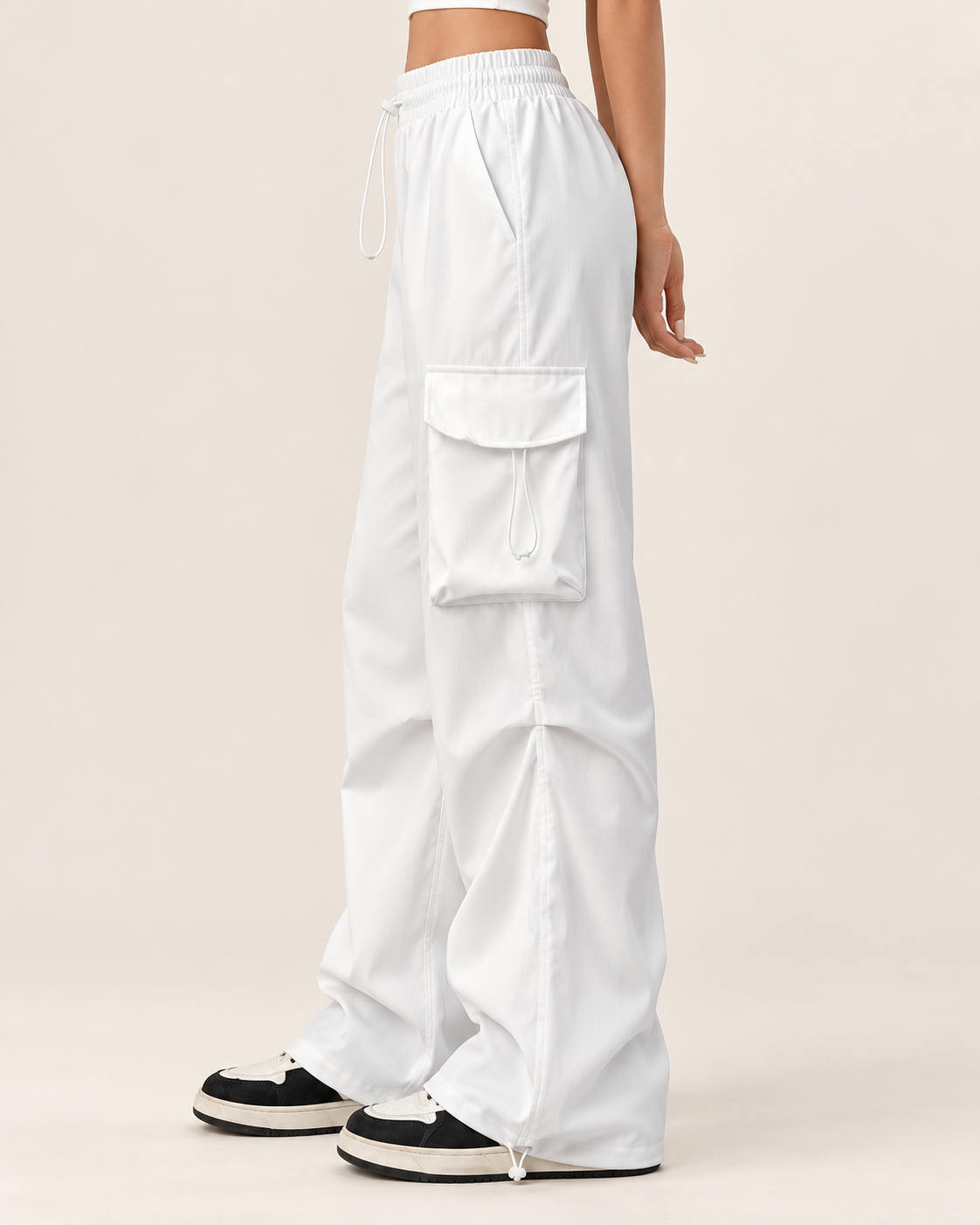 Women's White Parachute Trousers with Wide Leg and Cargo Pockets