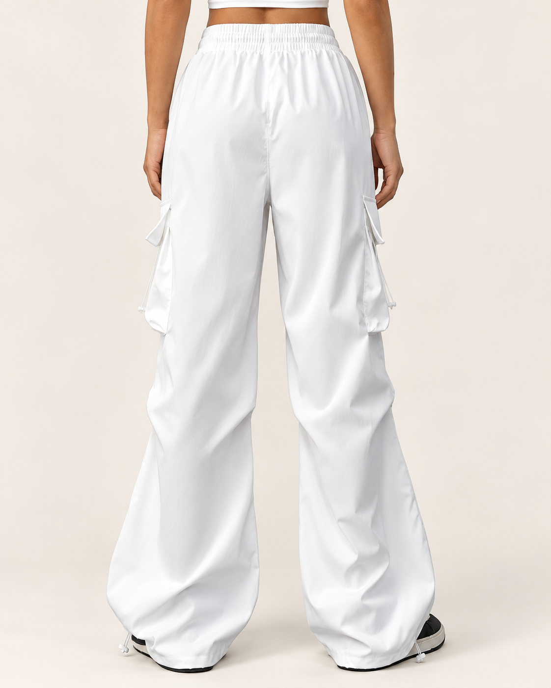 Women's White Parachute Trousers with Wide Leg and Cargo Pockets