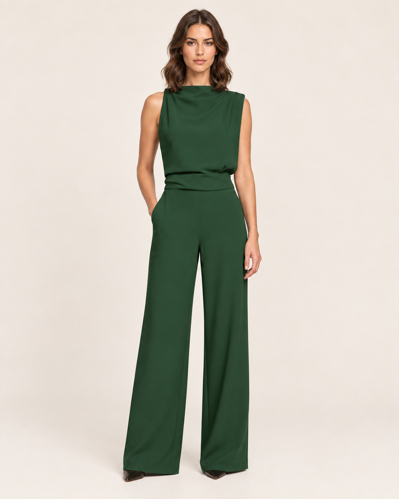 Women's Wide Leg Jumpsuit with High Neck and Side Pockets in Green