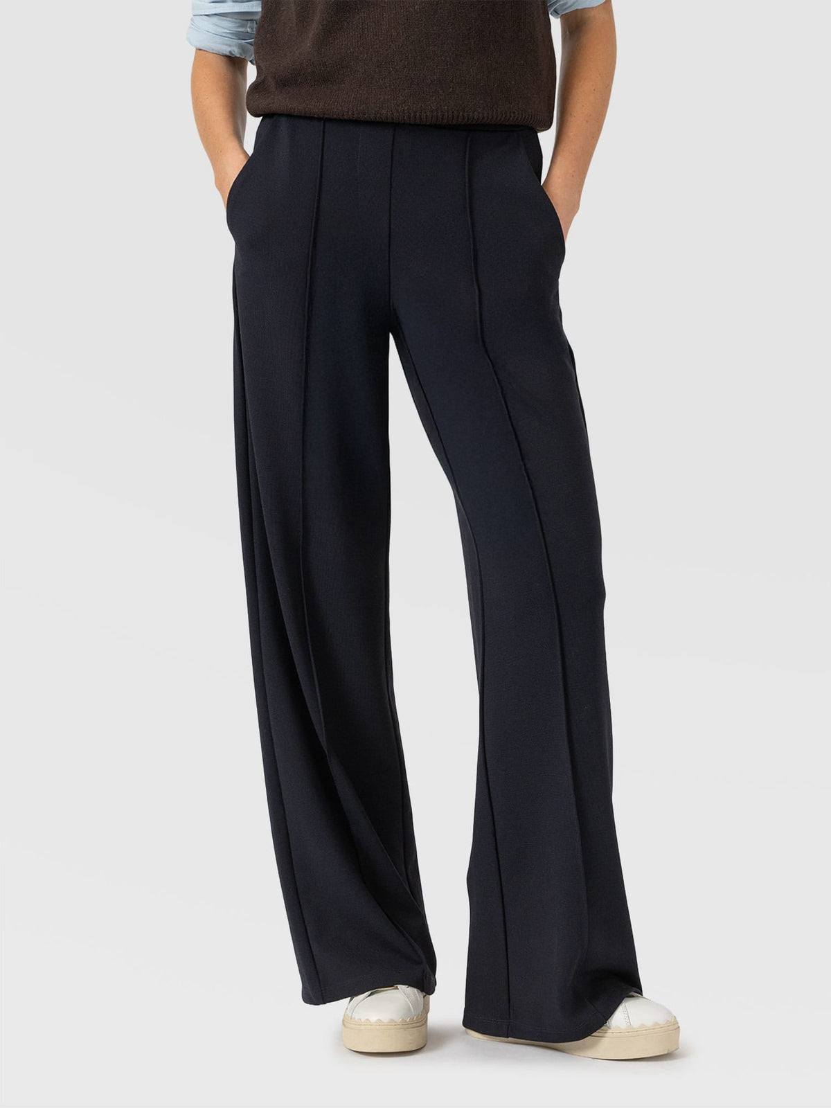 Women's Wide Leg Trousers Navy — Pintuck Detail, High Waist, Tailored Cotton Jersey