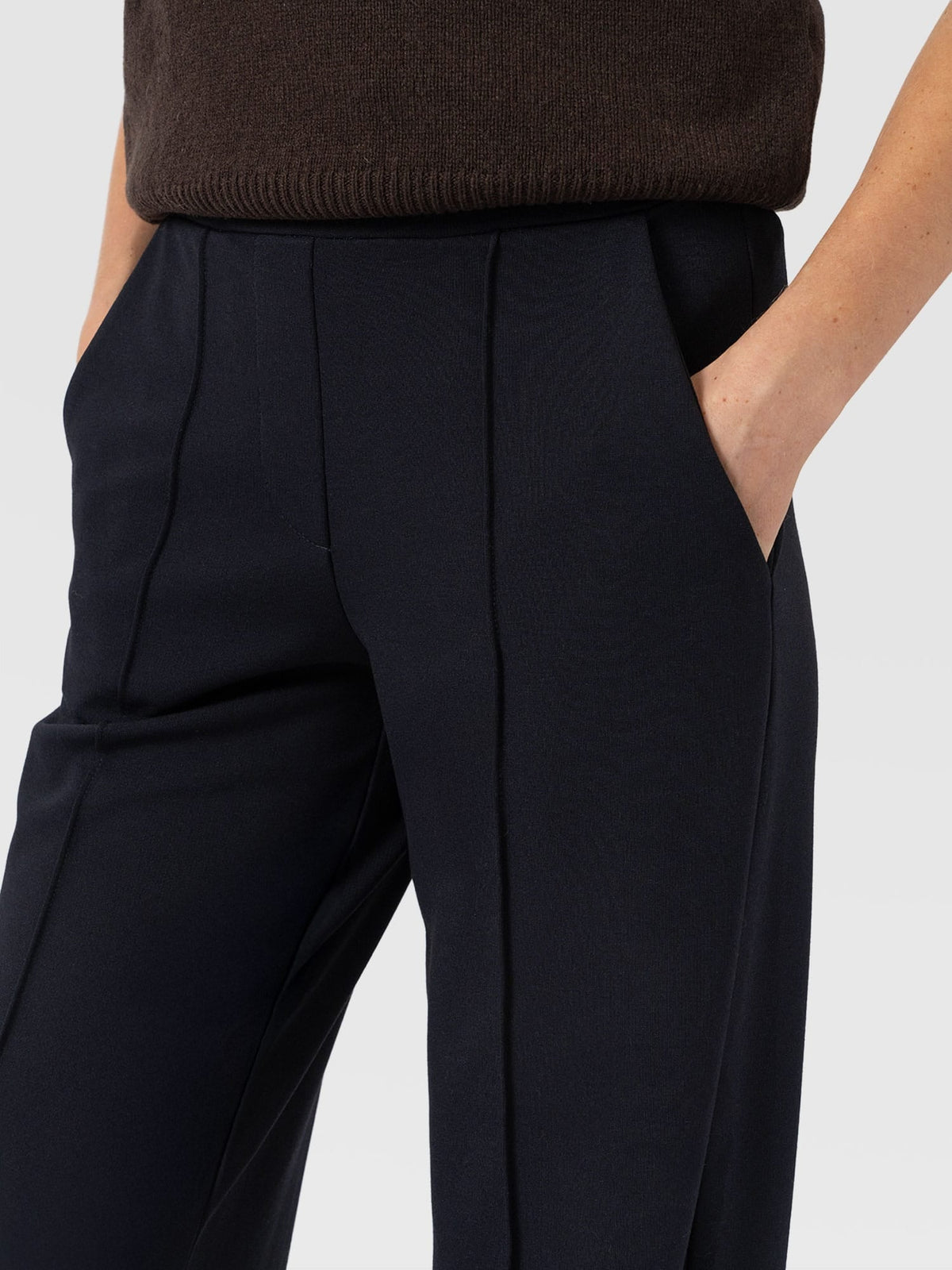 Women's Wide Leg Trousers Navy — Pintuck Detail, High Waist, Tailored Cotton Jersey