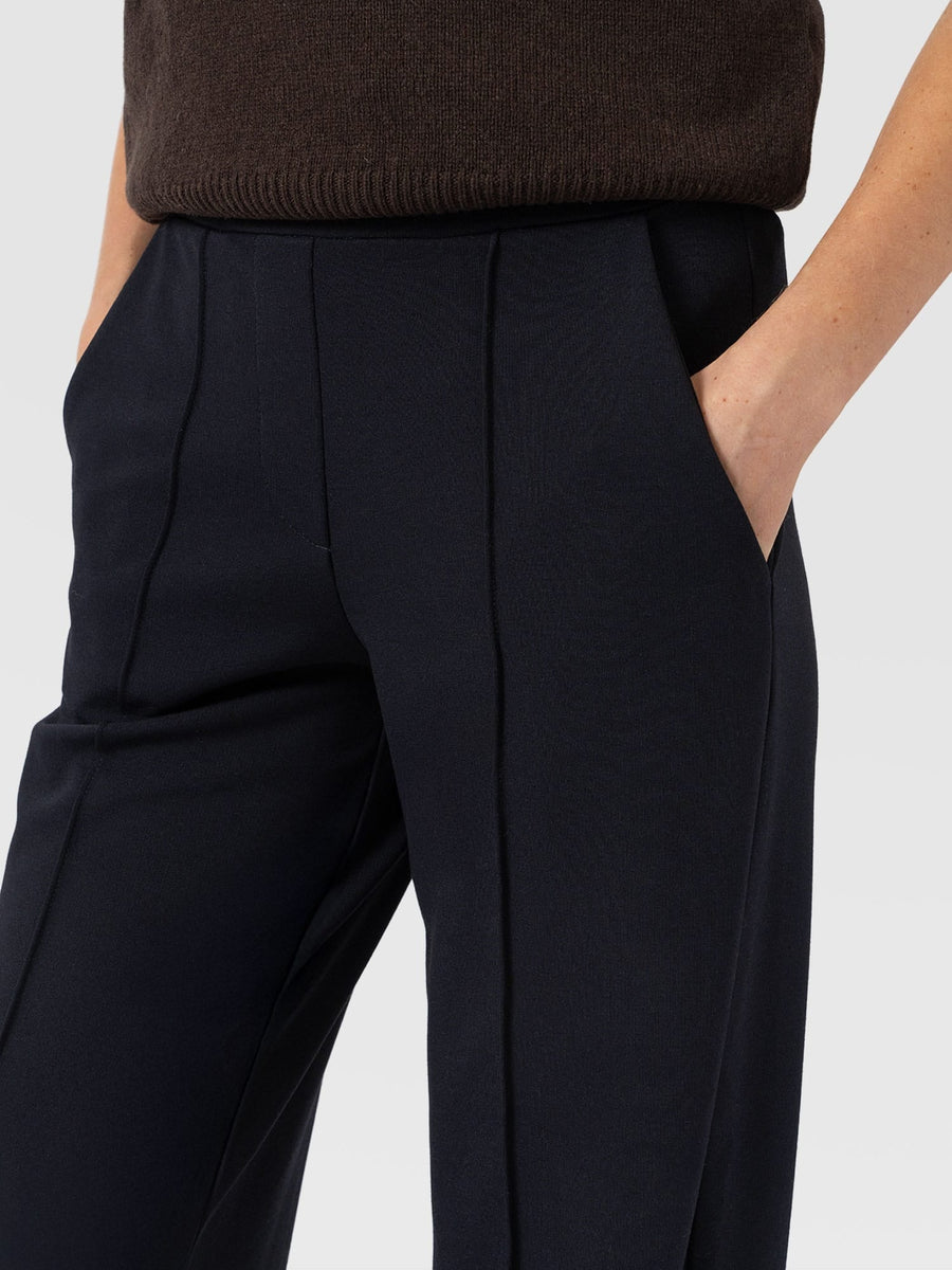 Women's Wide Leg Trousers Navy — Pintuck Detail, High Waist, Tailored Cotton Jersey