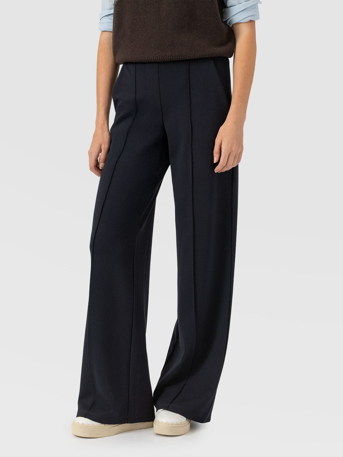 Women's Wide Leg Trousers Navy — Pintuck Detail, High Waist, Tailored Cotton Jersey