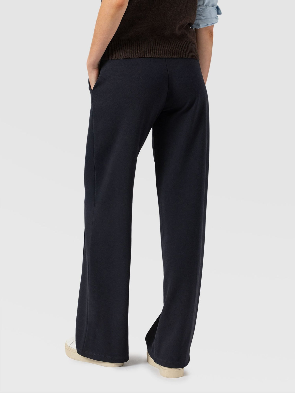 Women's Wide Leg Trousers Navy — Pintuck Detail, High Waist, Tailored Cotton Jersey