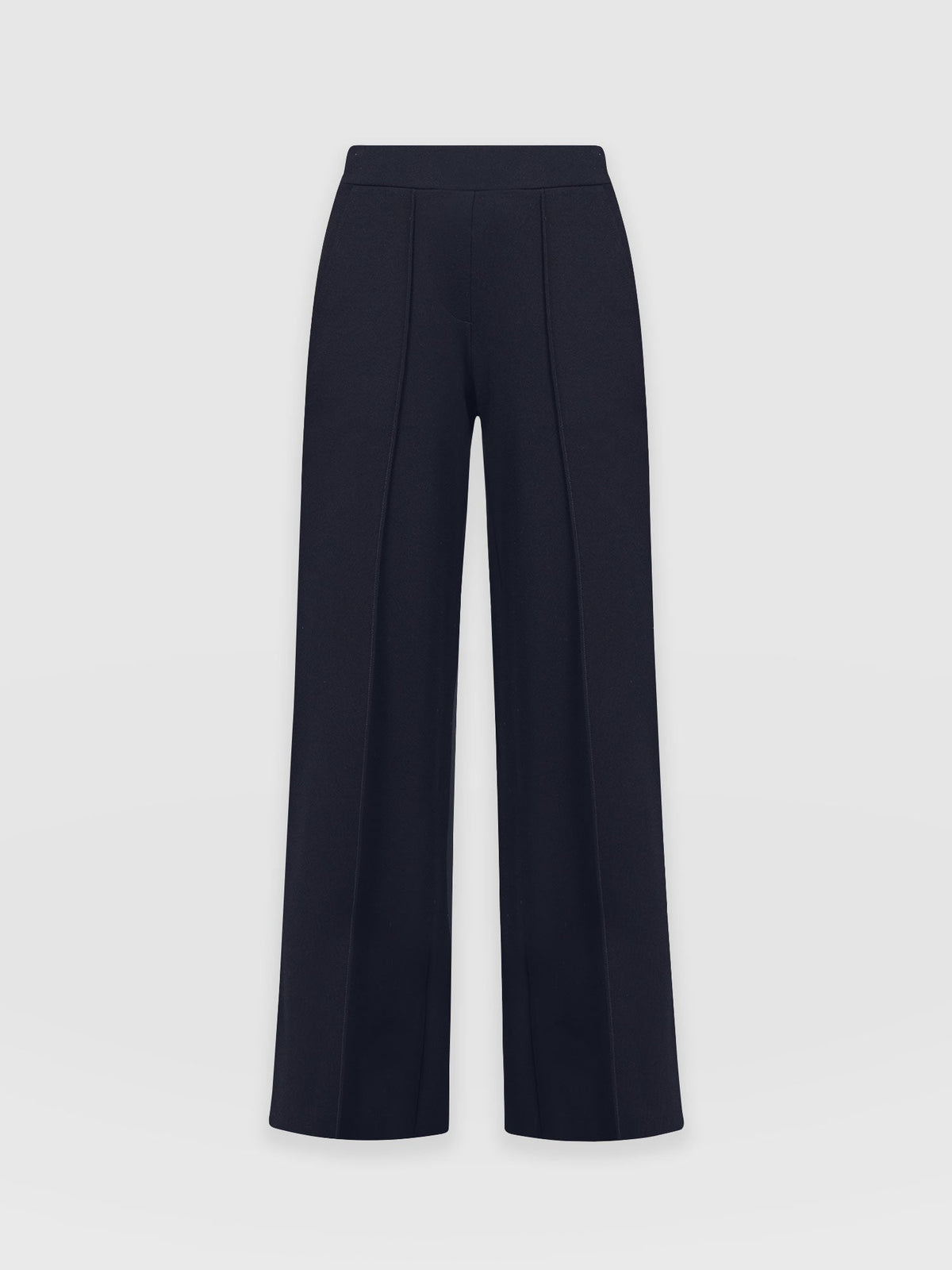 Women's Wide Leg Trousers Navy — Pintuck Detail, High Waist, Tailored Cotton Jersey