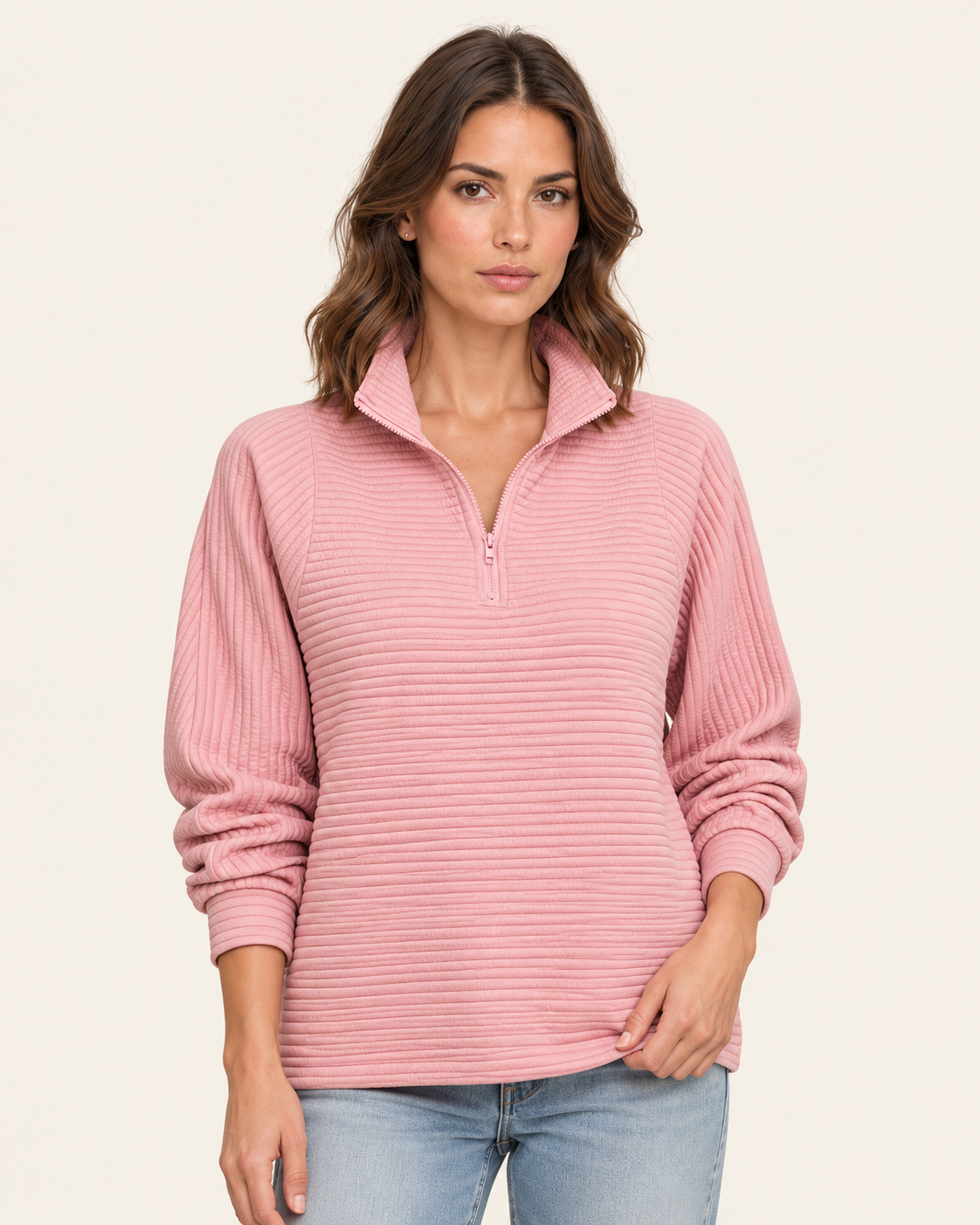 Women's Ribbed Half Zip Jumper with Stand Collar in Dusty Pink