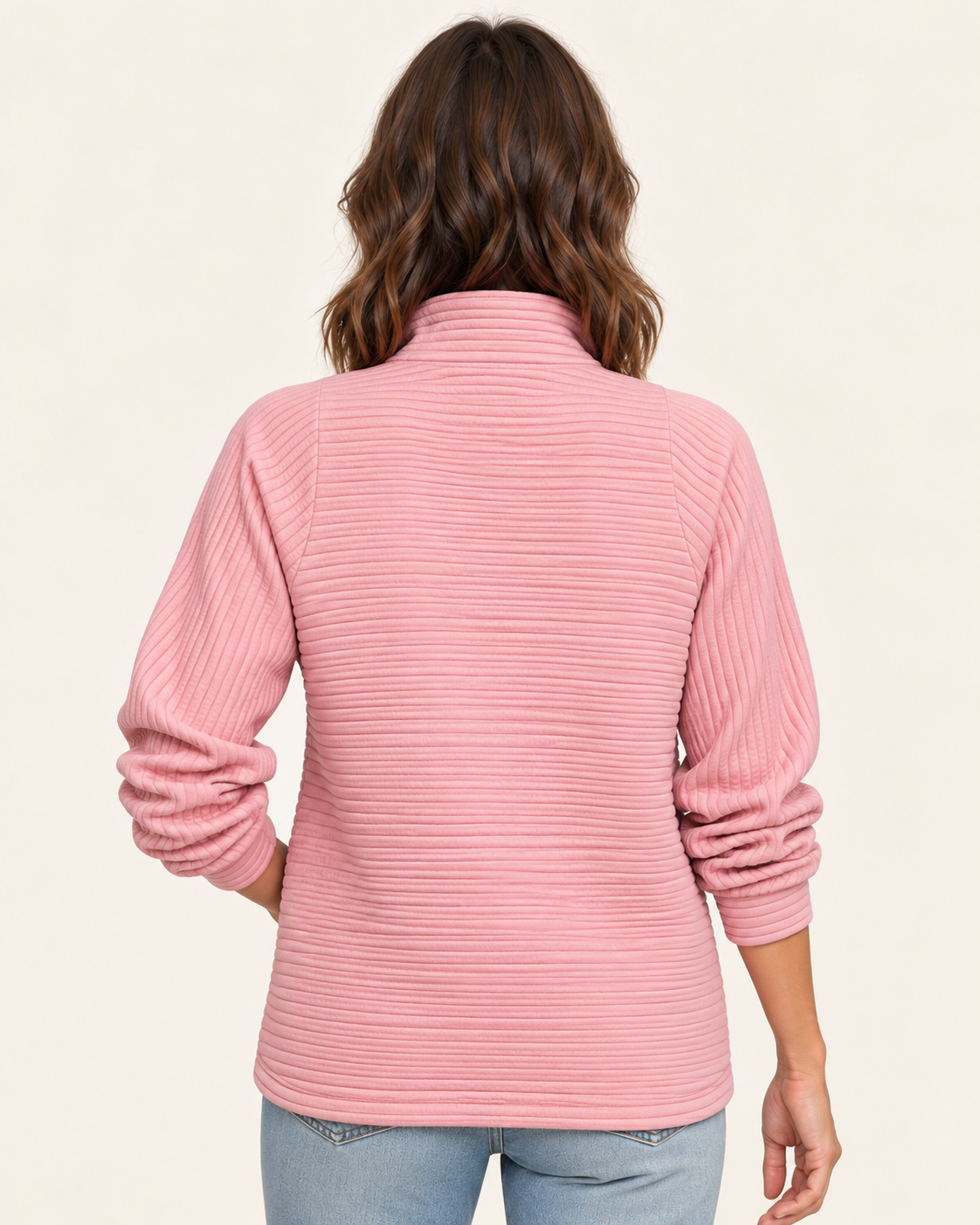 Women's Ribbed Half Zip Jumper with Stand Collar in Dusty Pink, back view