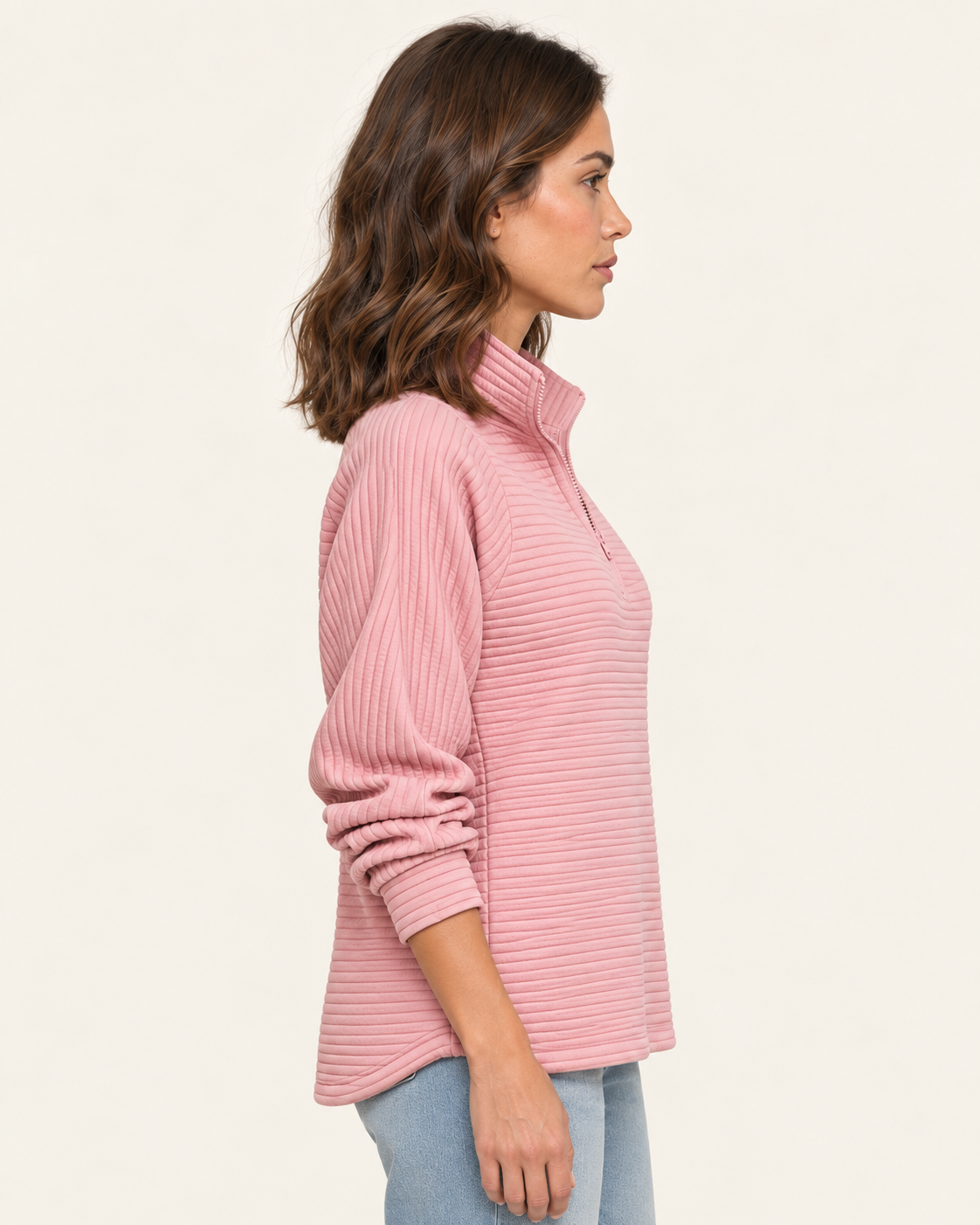Women's Ribbed Half Zip Jumper with Stand Collar in Dusty Pink, side view